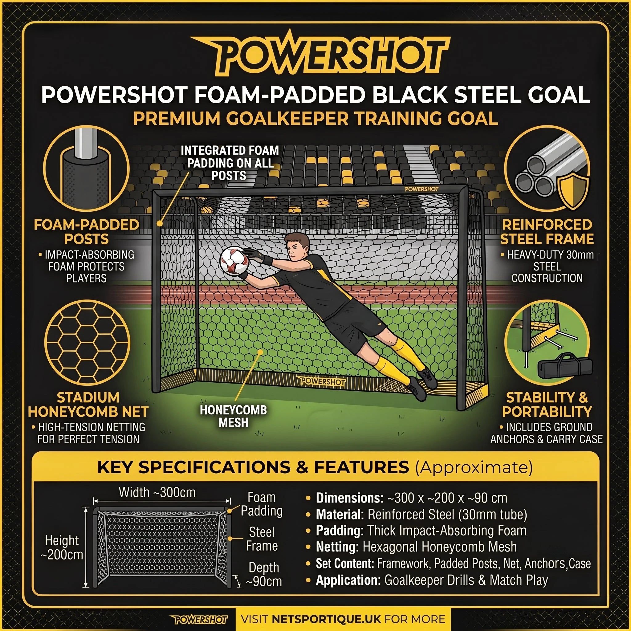 Black steel football goal - 3m x 2m