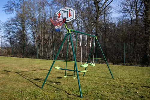 Multi-Play Garden Swing Set with Basketball Hoop - 3 Station Powershot