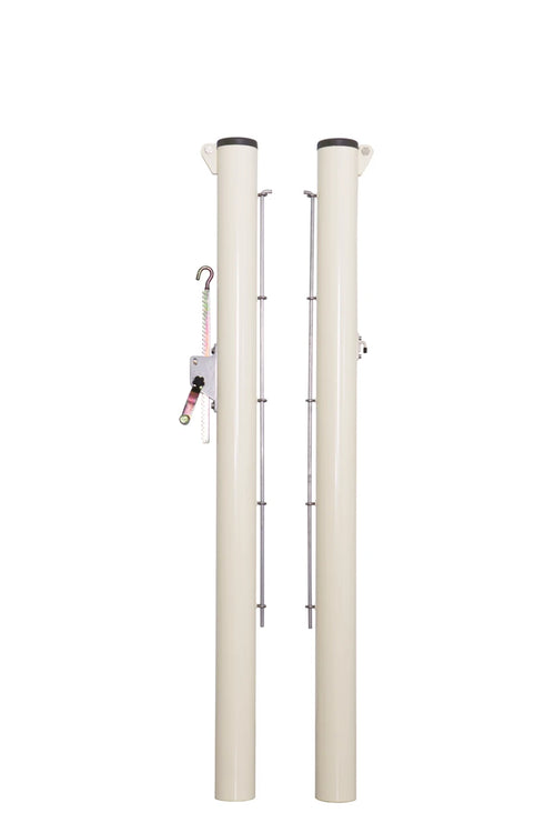 Pair of round steel tennis posts - 90mm diameter with sleeves