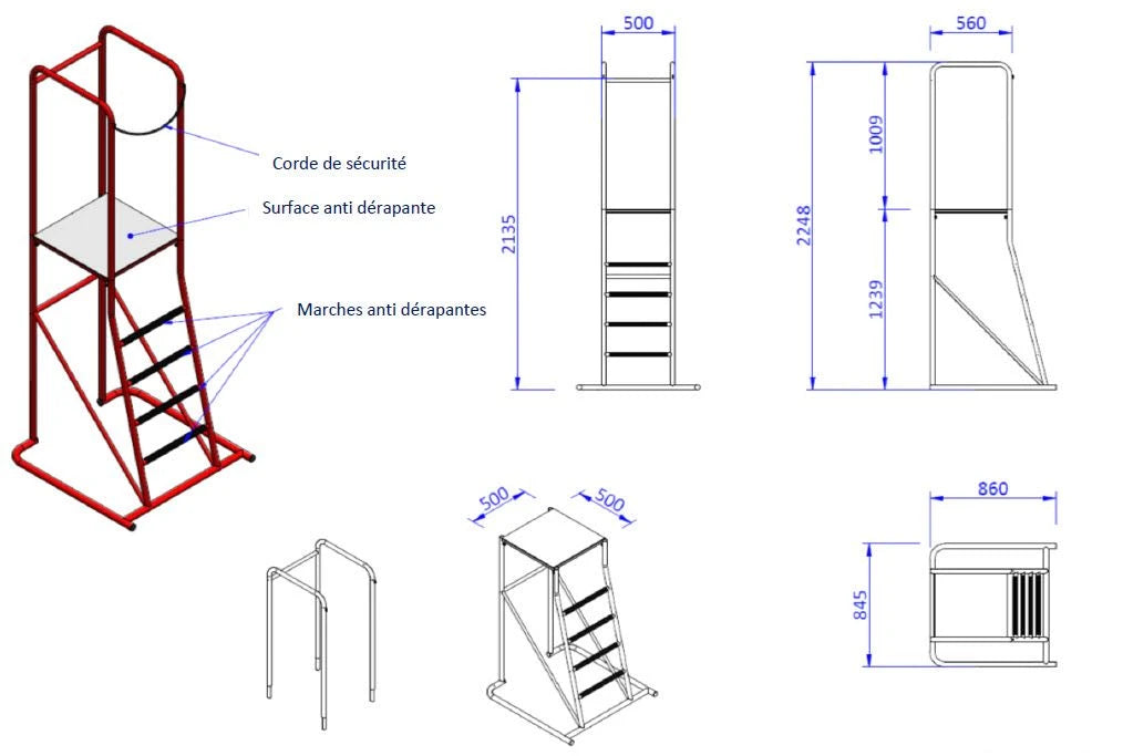 Dismountable volleyball referee chair platform height 1.28m
