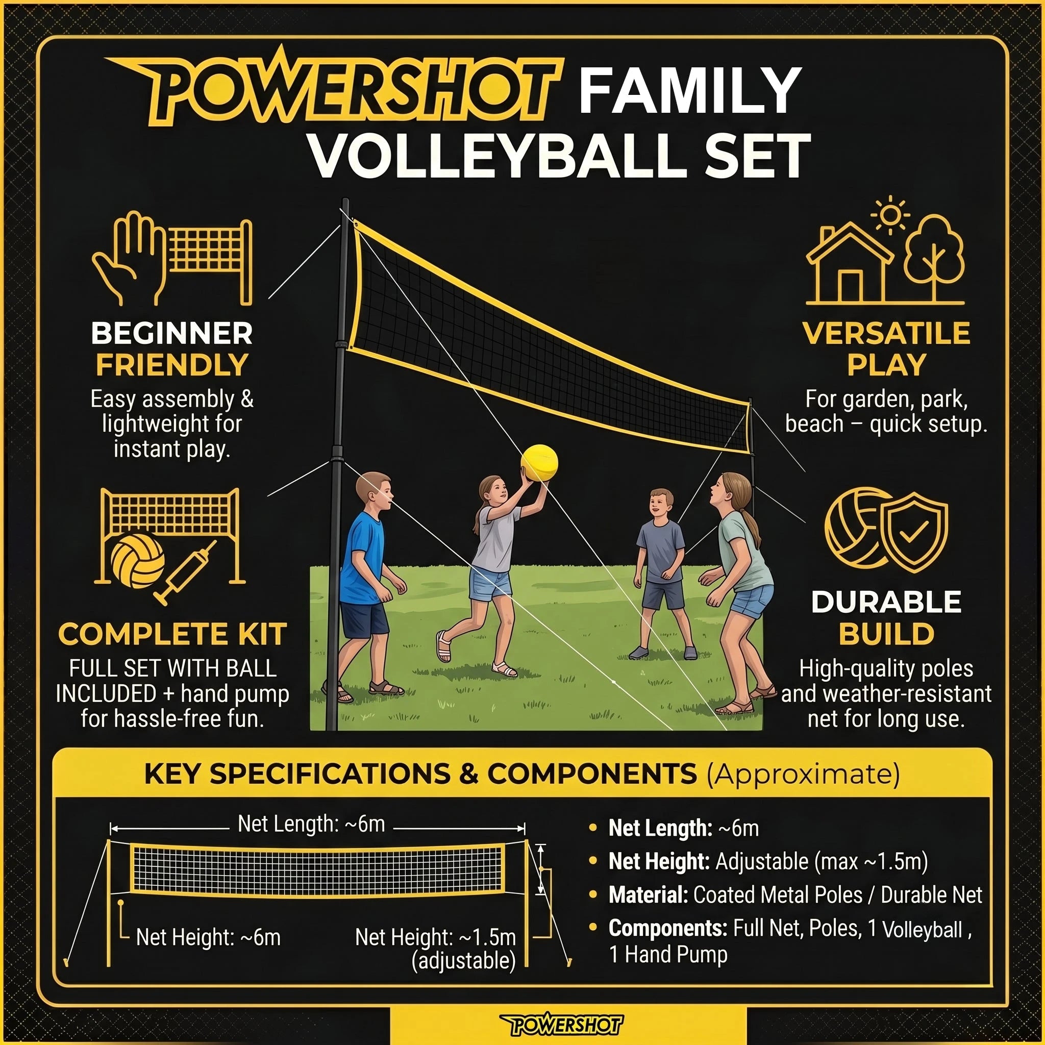Volleyball set 6m with posts, net, ball and pump
